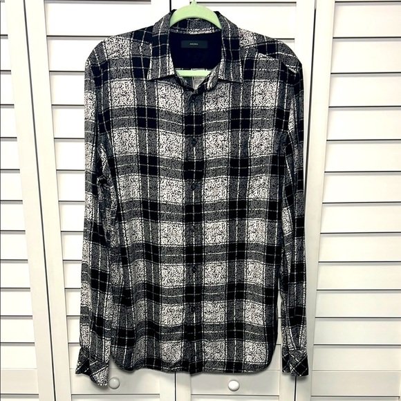 Diesel Long Sleeve Plaid Rayon Viscose Button Down Shirt Size XL Black & White - Picture 1 of 10